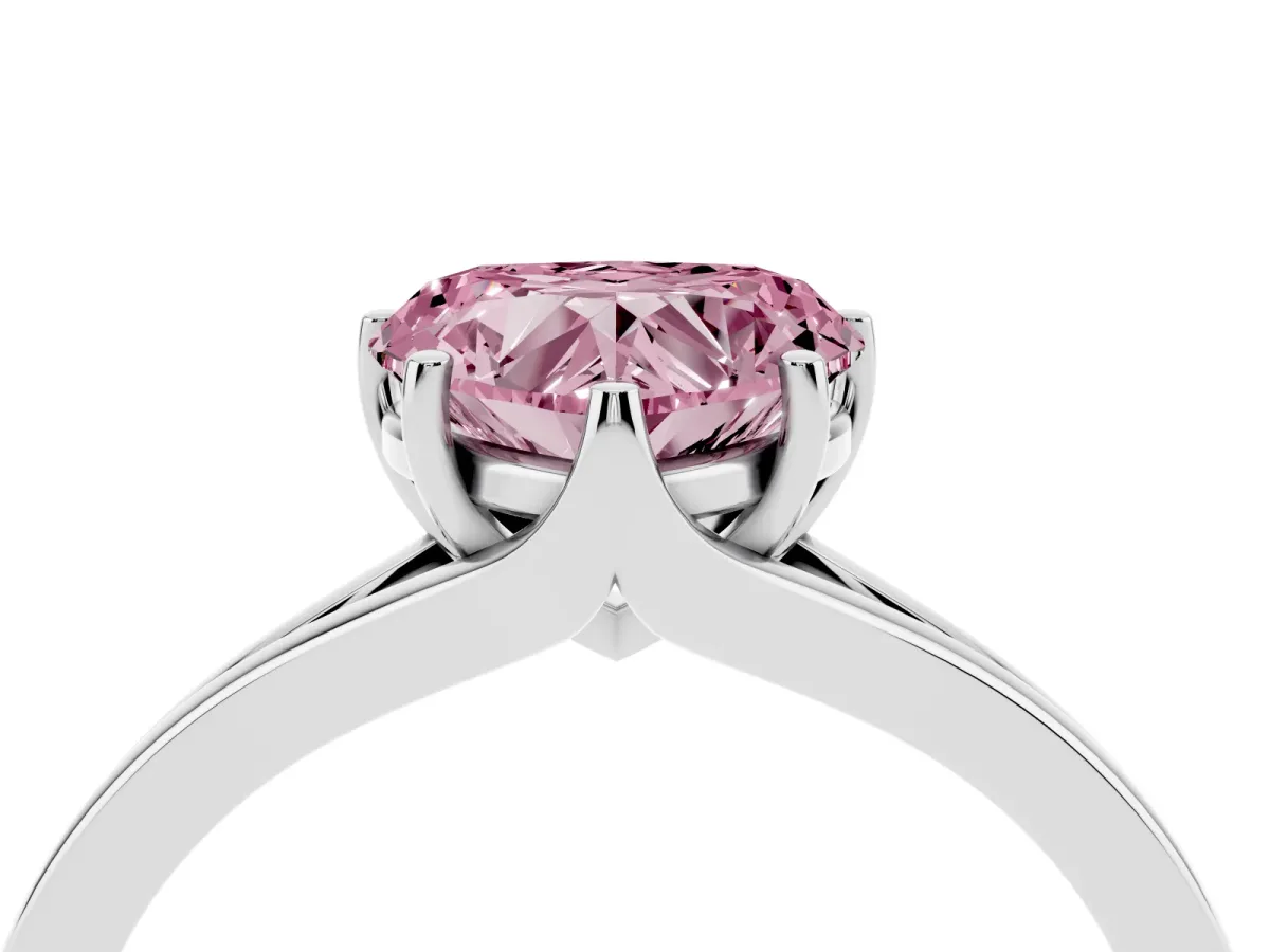 Fancy Pink Heart Cut Solitaire Diamond Ring with Six-Prong Setting and Tapered Band Platinum