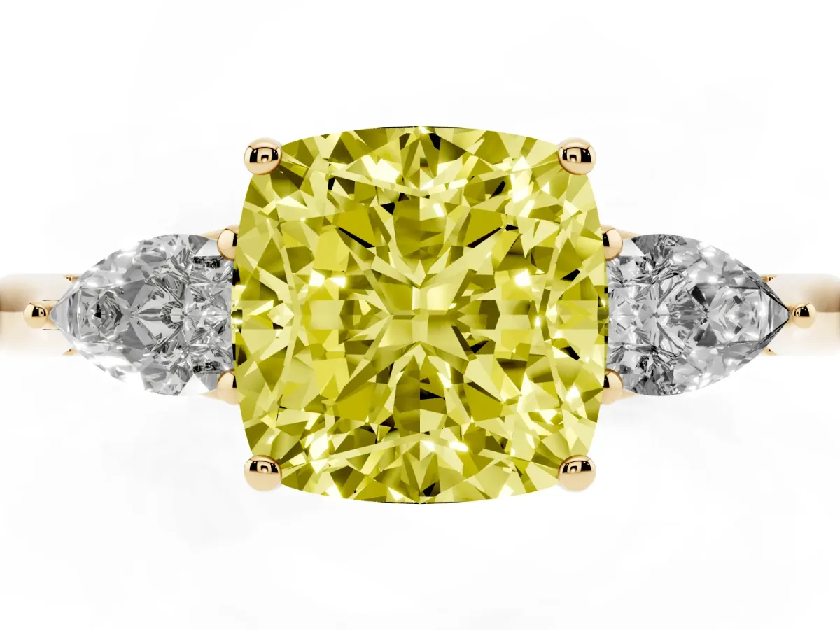Fancy Yellow Cushion Cut Diamond Three-Stone Ring with Pear Side Stones and Prong Setting Yellow gold