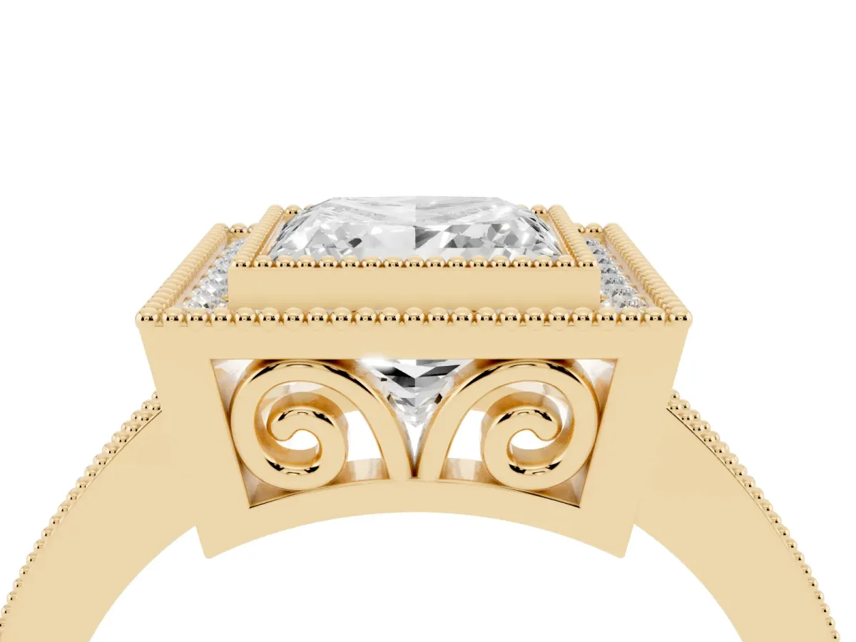 Princess Cut Cut Halo Diamond Ring with Pavé Band and Milgrain Prong Setting Yellow gold