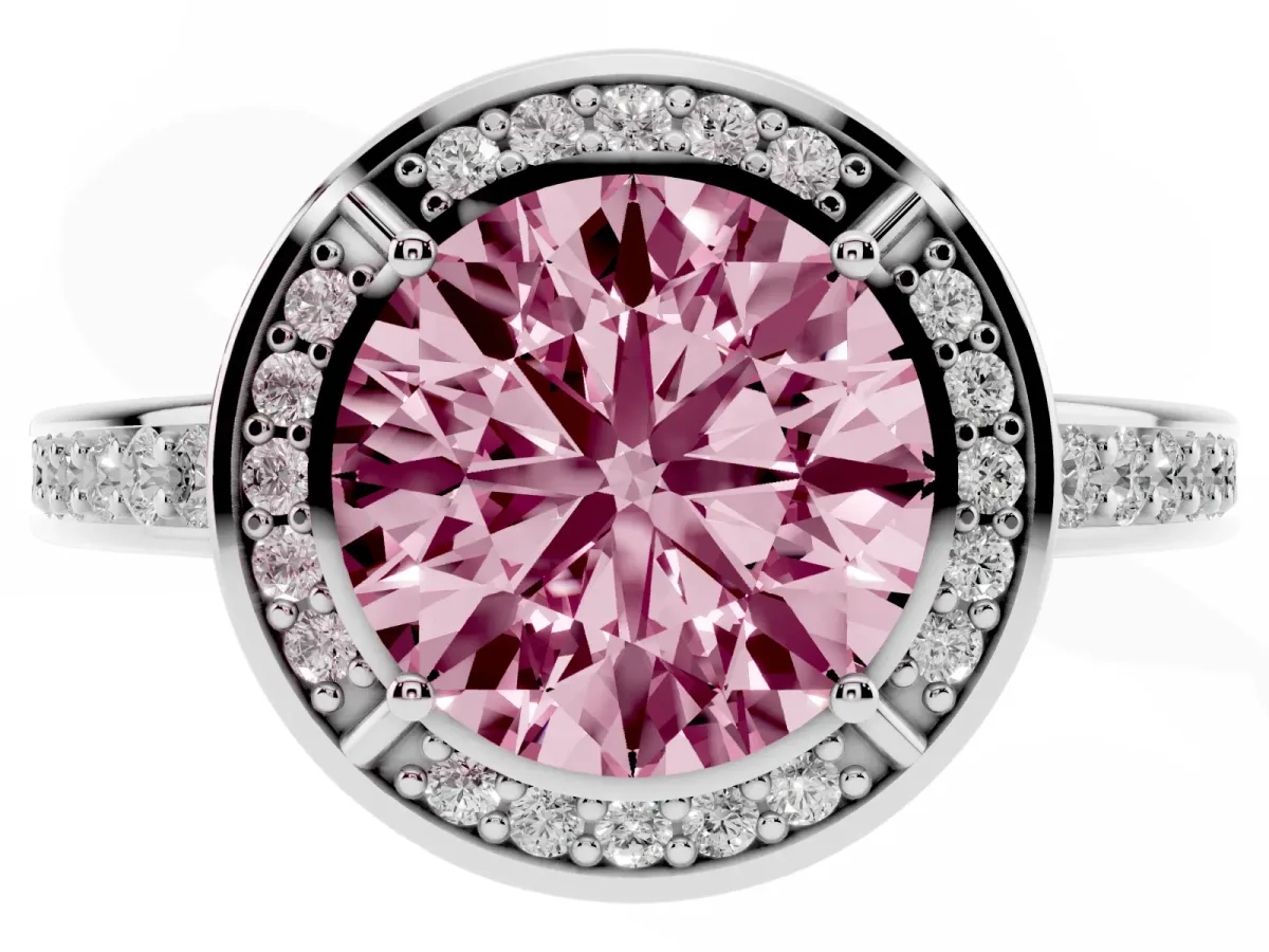 Fancy Pink Round Cut Cut Halo Pave Split Shank Prong Setting Ring White gold