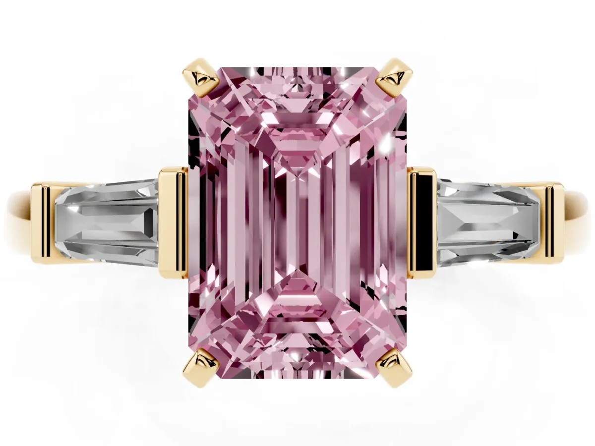 Fancy Pink Emerald Cut Cut Diamond Solitaire Ring with Tapered Baguette Accents and Four-Prong Setting Yellow gold