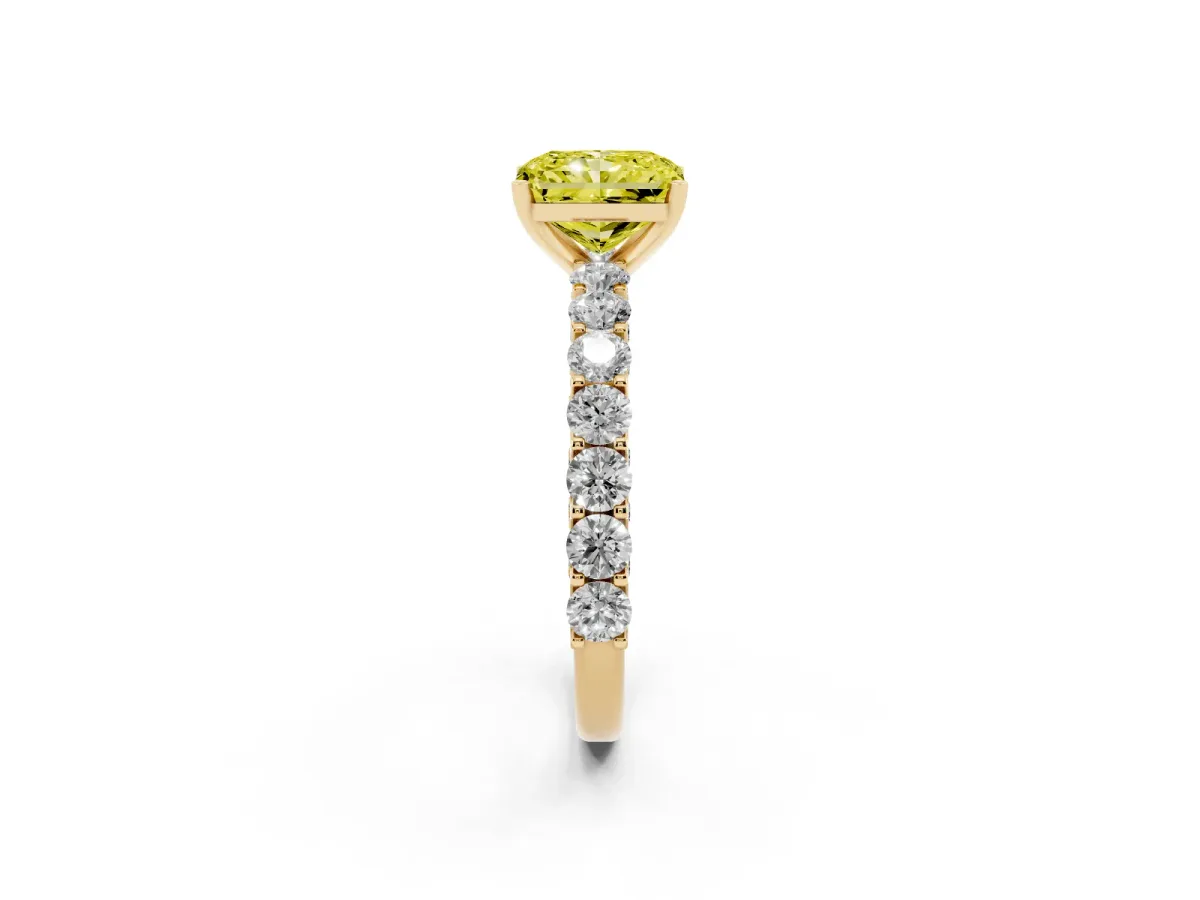 Fancy Yellow Radiant Cut Diamond Solitaire Ring with Shared Prong Pavé Band and Four-Prong Setting Yellow gold