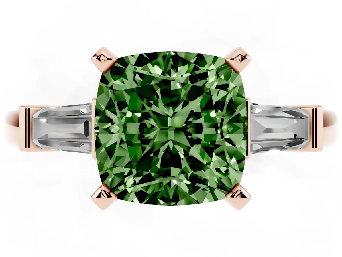 Fancy Green Cushion Cut Cut Diamond Solitaire Ring with Tapered Baguette Accents and Four-Prong Setting Rose gold