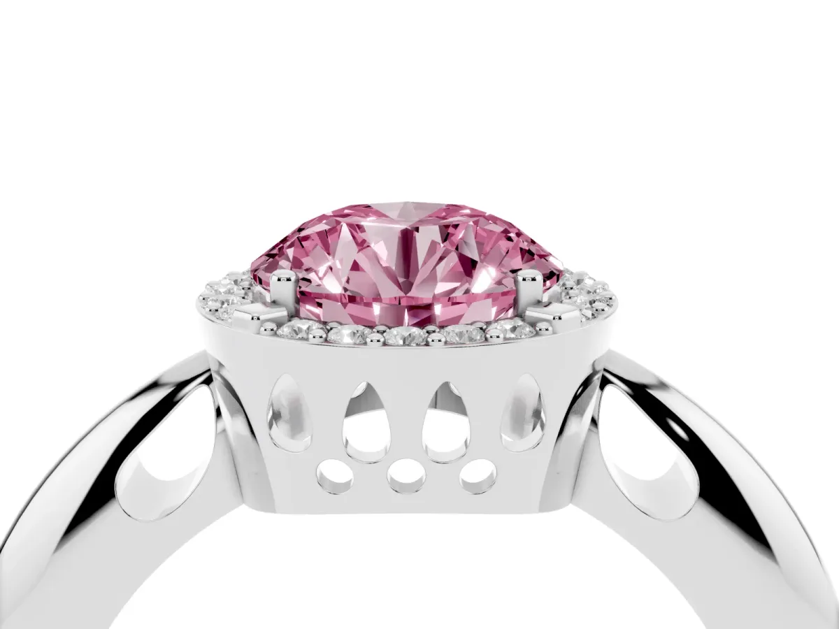 Fancy Pink Round Cut Cut Diamond Halo Engagement Ring with Split Shank and Four-Prong Setting Silver