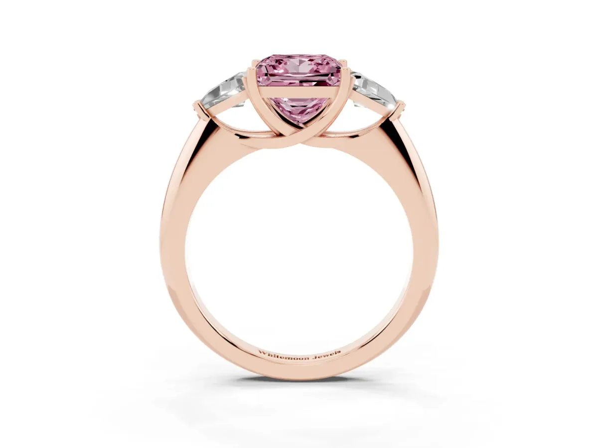 Fancy Pink Three-Stone Princess Cut Diamond Engagement Ring with Trillion Side Stones and Prong Setting Rose gold