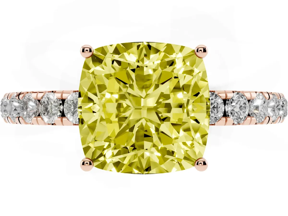 Fancy Yellow Cushion Cut Diamond Pavé Solitaire Engagement Ring with Four-Prong Setting Rose gold