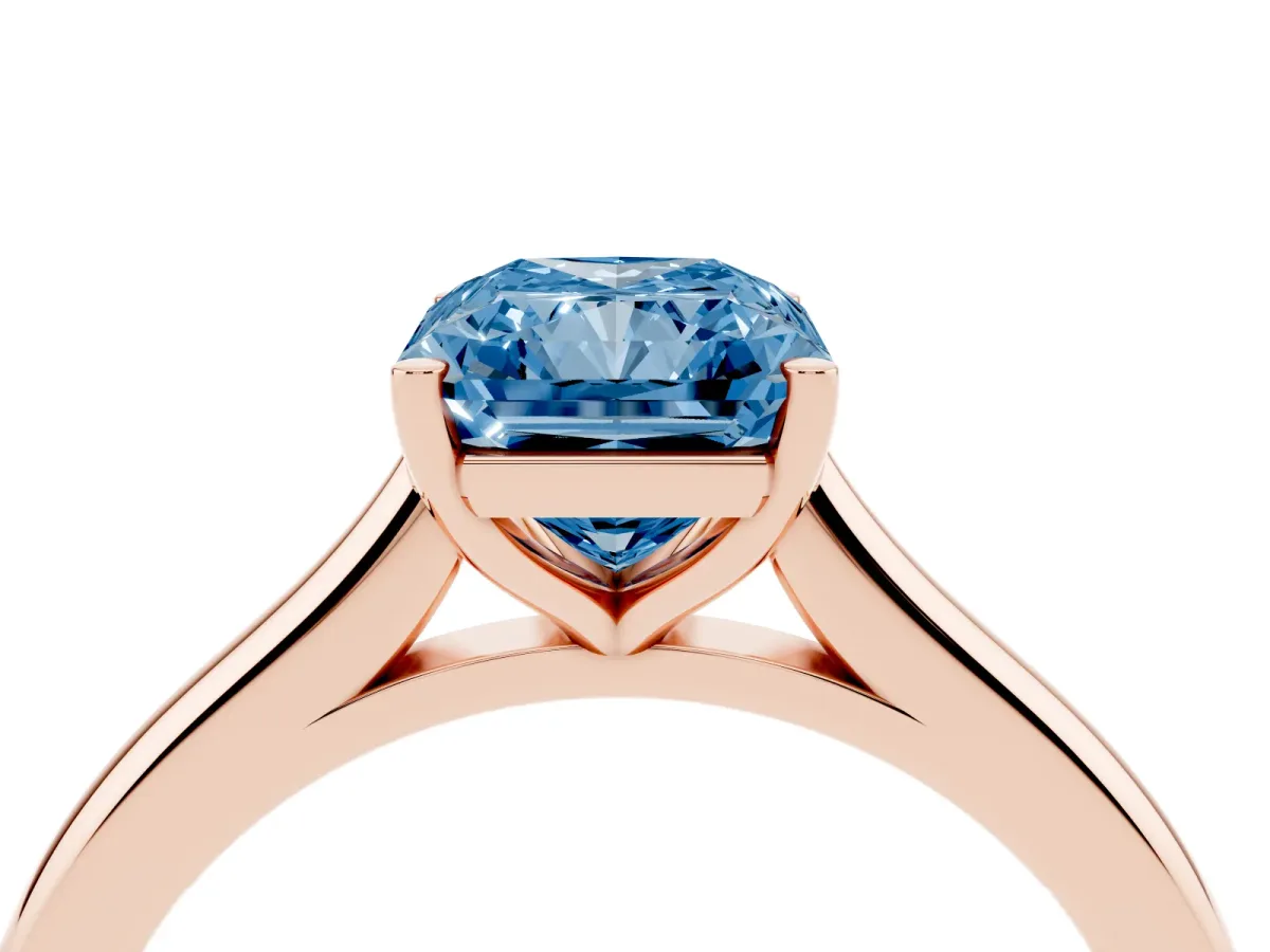 Fancy Blue Radiant Cut Cut Solitaire Ring with Cathedral Band and Four-Prong Setting Rose gold