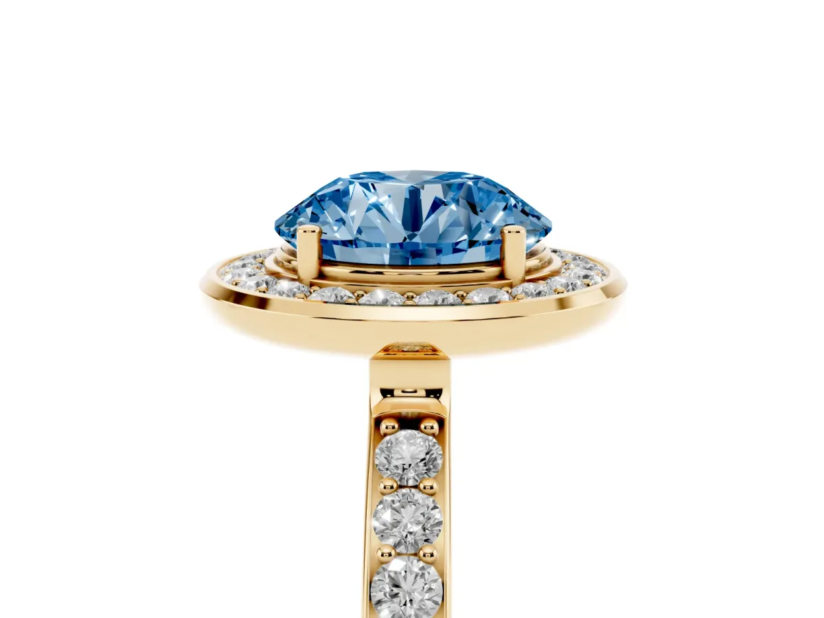 Fancy Blue Round Cut Diamond Halo Ring with Bezel Frame and Pavé Band Yellow gold