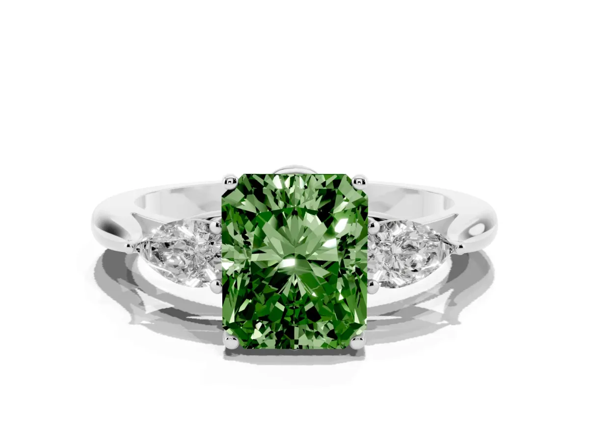 Fancy Green Radiant Cut Diamond Three-Stone Ring with Pear Side Stones and Prong Setting Platinum