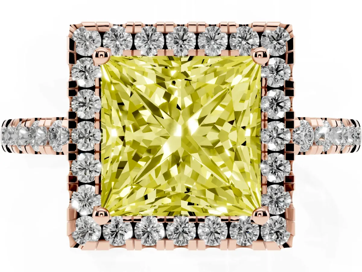 Fancy Yellow Princess Cut Halo Diamond Engagement Ring with Pavé Band and Four-Prong Setting Rose gold