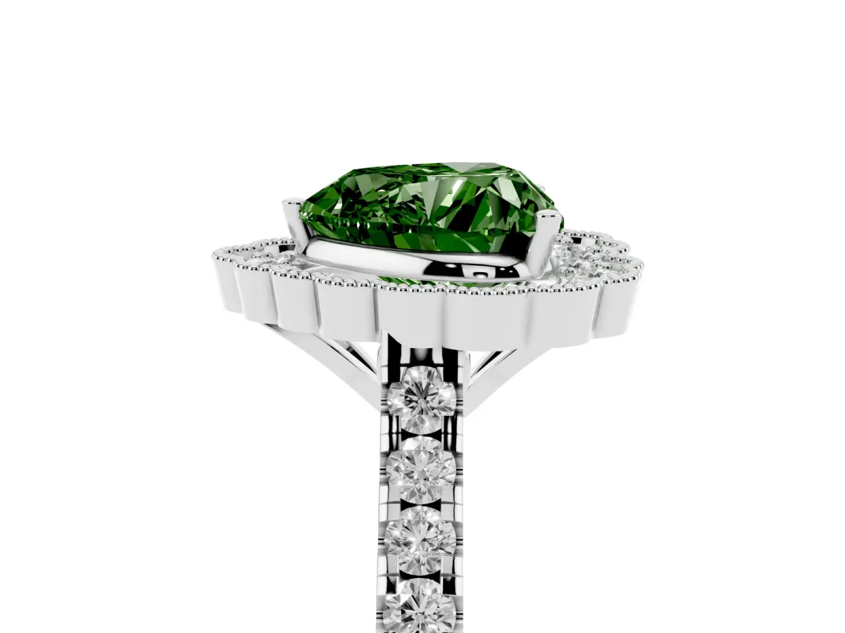 Fancy Green Heart Cut Cut Diamond Milgrain Floral Halo Engagement Ring with Pavé Band White gold