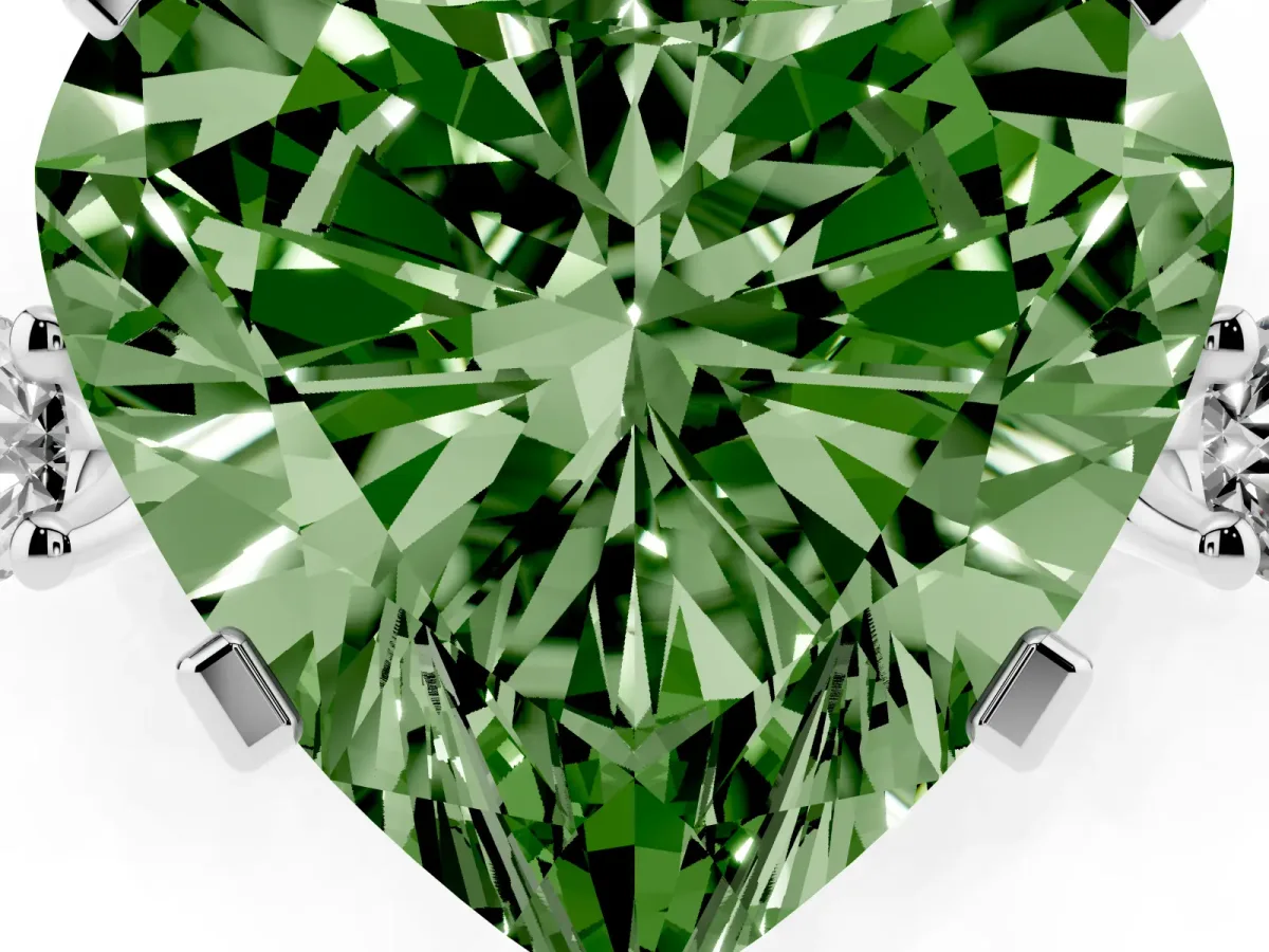 Fancy Green Heart Cut Cut Three-Stone Solitaire Ring with Round Accent Diamonds and Four-Prong Setting White gold