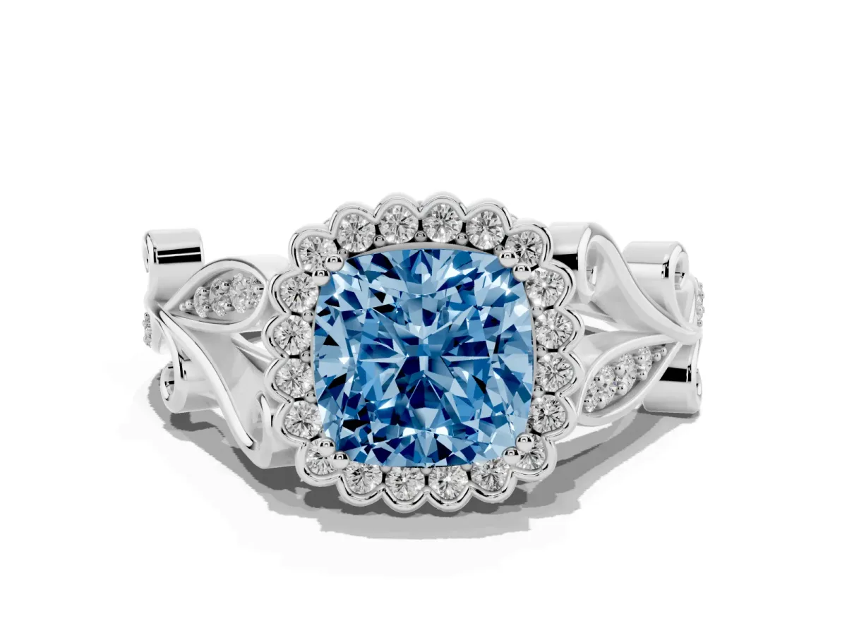 Fancy Blue Cushion Cut Diamond Halo Ring with Vintage Split Shank and Four-Prong Setting Silver