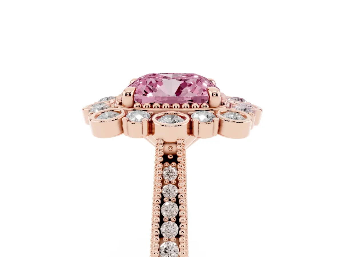 Fancy Pink Cushion Cut Halo Milgrain Pave Diamond Ring with Four-Prong Setting Rose gold