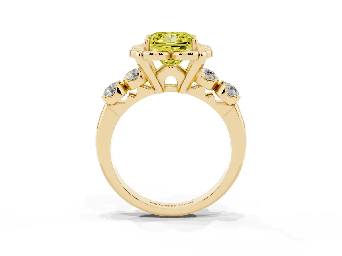 Fancy Yellow Princess Cut Cut Diamond Floral Halo Engagement Ring with Shared Prong Setting Yellow gold