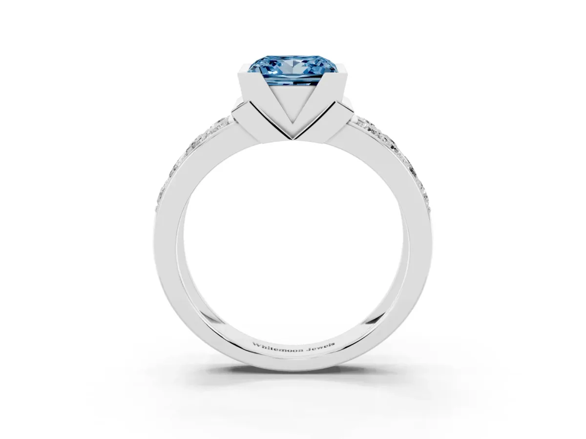 Fancy Blue Princess Cut Brilliant Diamond Channel Set Wide Band Ring with Bezel Setting White gold
