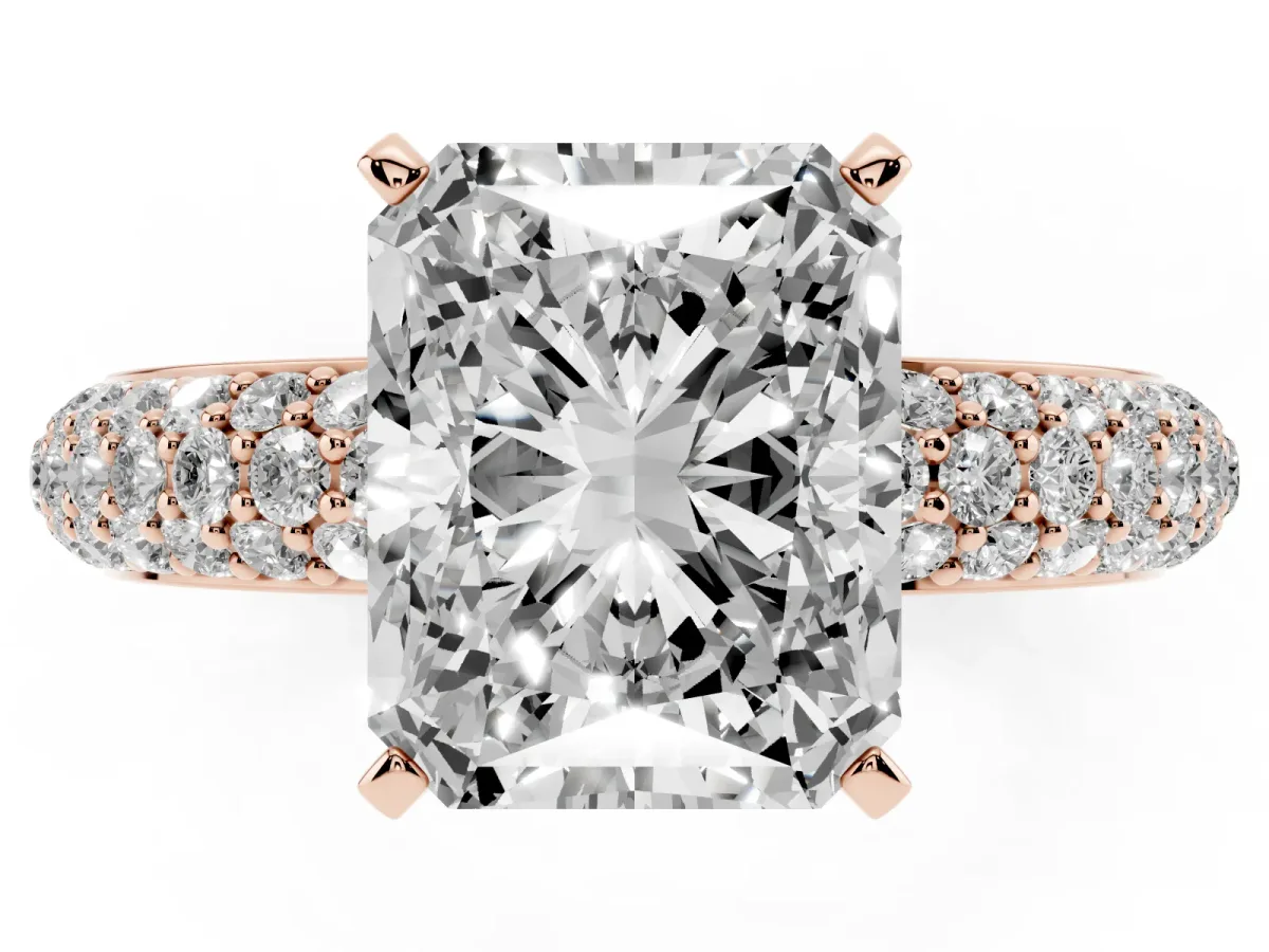 Radiant Cut Diamond Solitaire Ring with Prong Setting and Pavé Band Rose gold