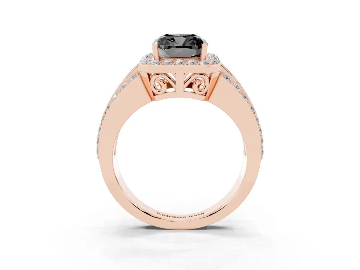 Fancy Black Cushion Cut Halo Diamond Ring with Round Split Shank and Prong Setting Rose gold
