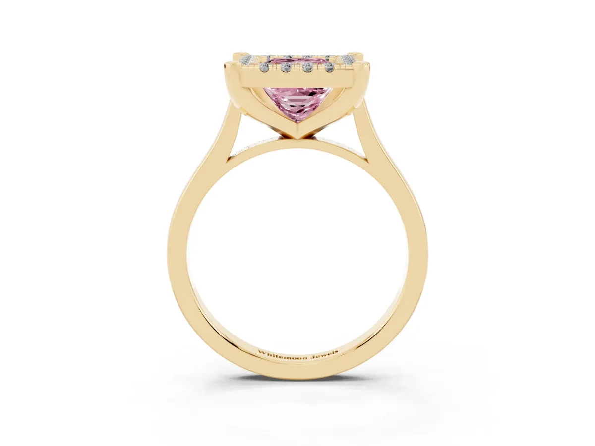 Fancy Pink Princess Cut Diamond Cluster Halo Solitaire with Four-Prong Setting Yellow gold
