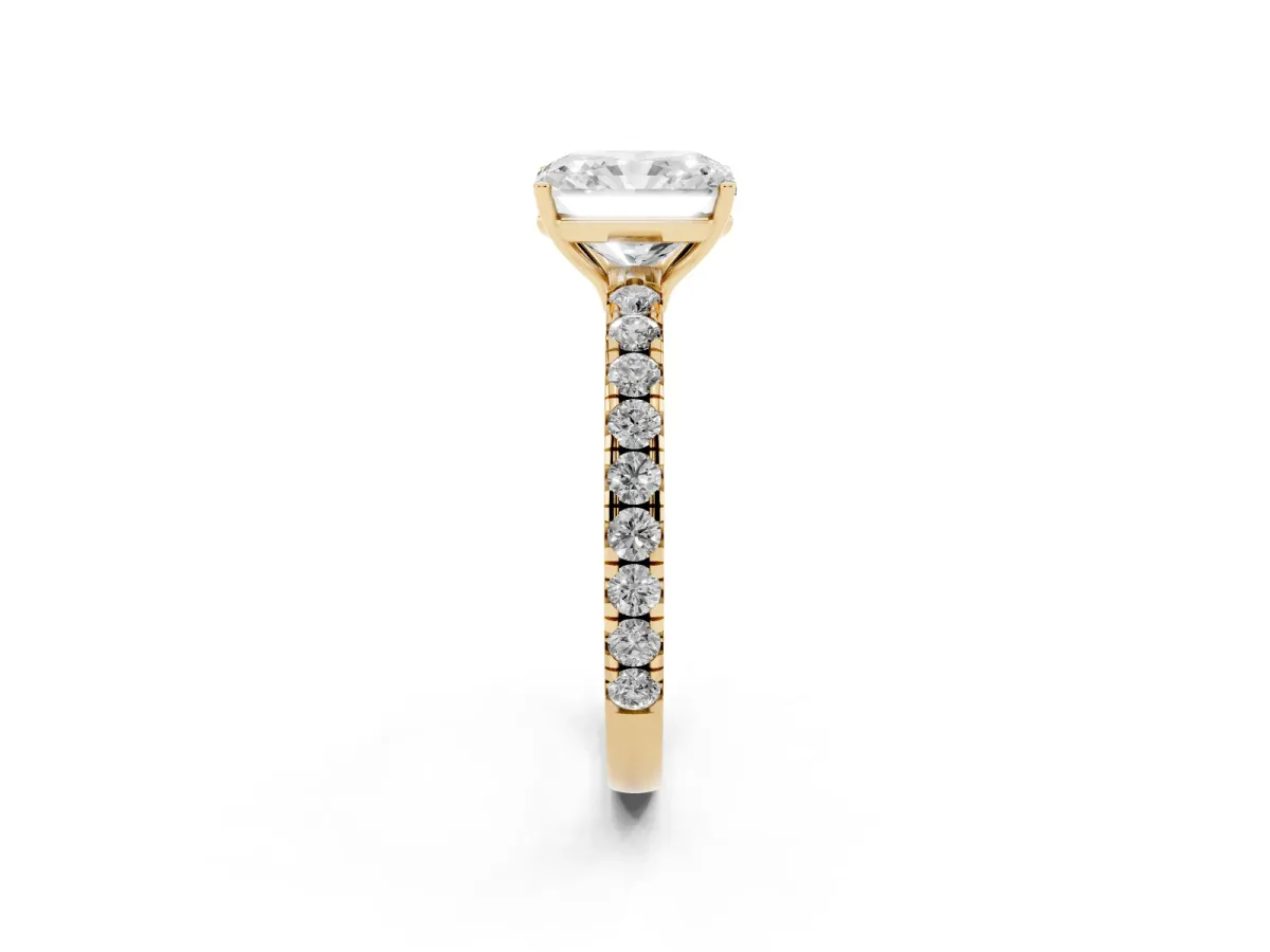 Radiant Cut Diamond Pavé Solitaire Engagement Ring with Four-Prong Setting Yellow gold