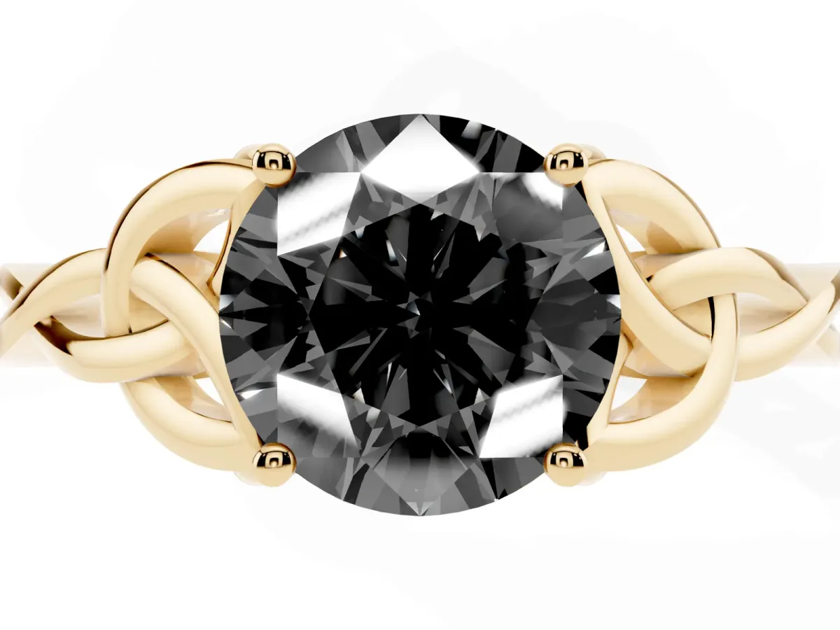 Fancy Black Round Cut Diamond Solitaire Engagement Ring with Celtic Knot Band and Four-Prong Setting Yellow gold