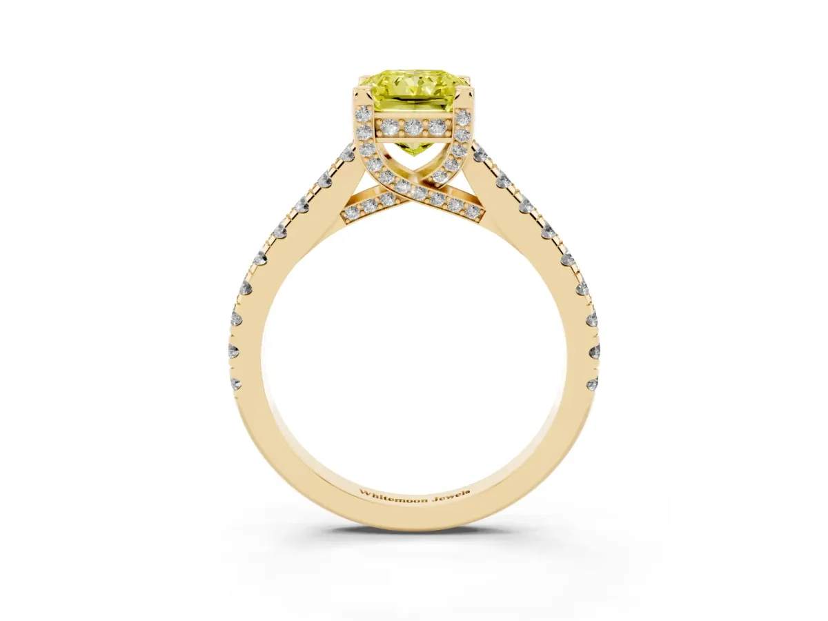 Fancy Yellow Radiant Cut Brilliant Diamond Solitaire with Pavé Band and Four-Prong Setting Yellow gold