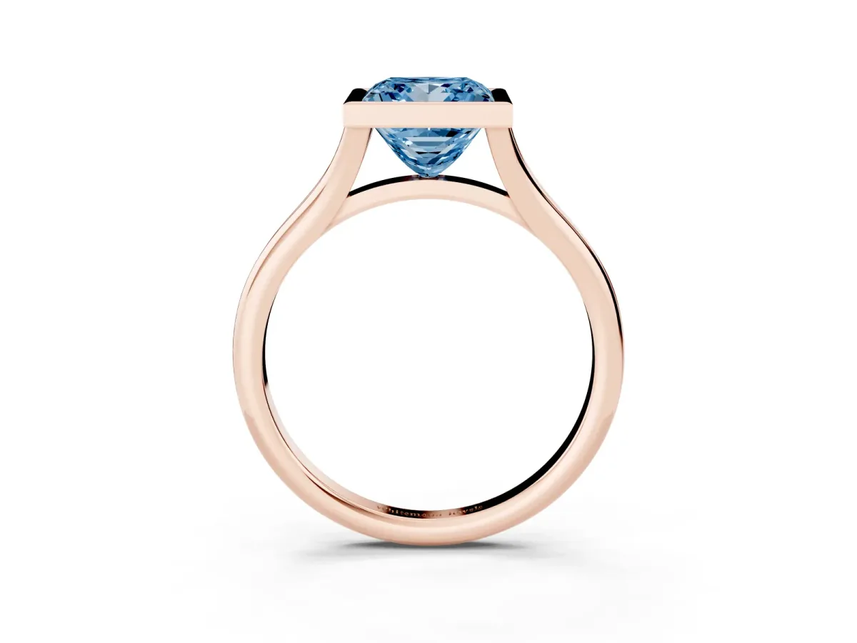 Fancy Blue Bezel Set Princess Cut Cut Solitaire Ring with Tapered Band Rose gold