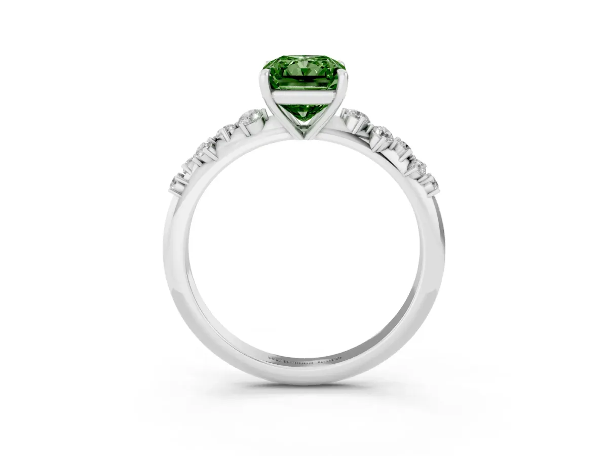 Fancy Green Radiant Cut Diamond Cluster Side Stone Solitaire Ring with Prong Setting Platinum