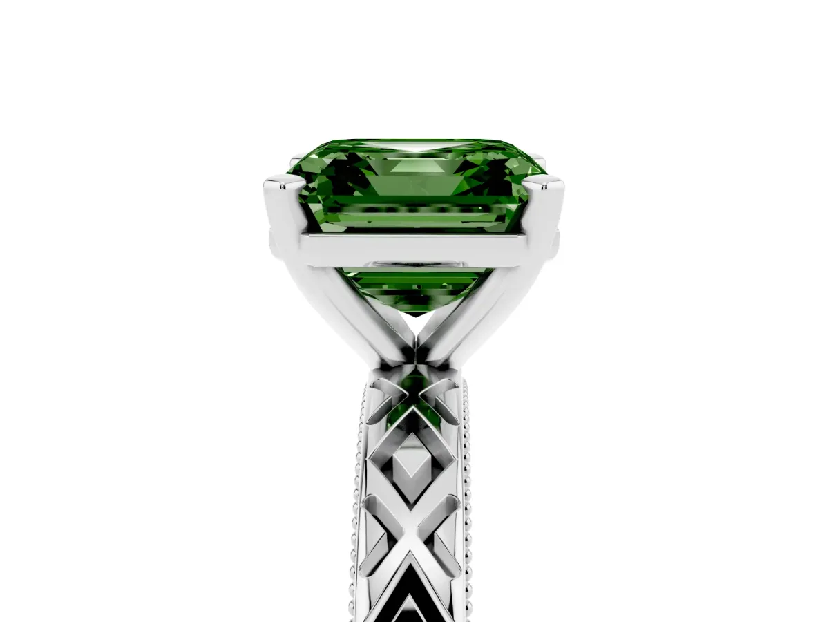 Fancy Green Asscher Cut Solitaire Diamond Ring with Milgrain and Black Enamel X Pattern Band Silver