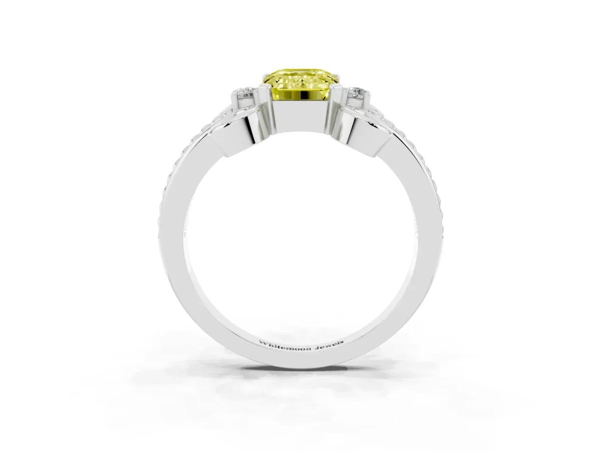 Fancy Yellow Emerald Cut Solitaire Twisted Band Scroll Prong Ring Silver