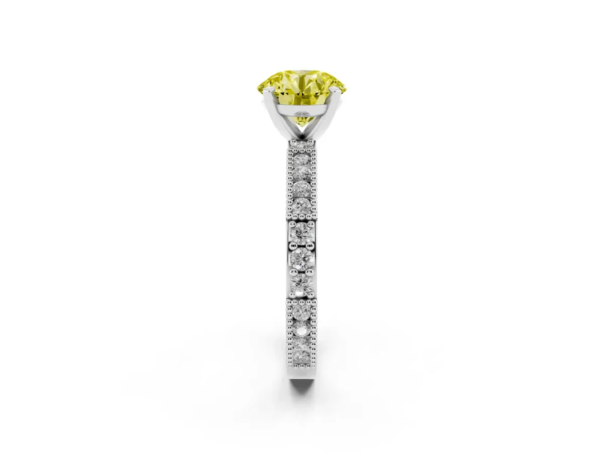 Fancy Yellow Round Cut Solitaire with Pavé Band and Four-Prong Setting Platinum