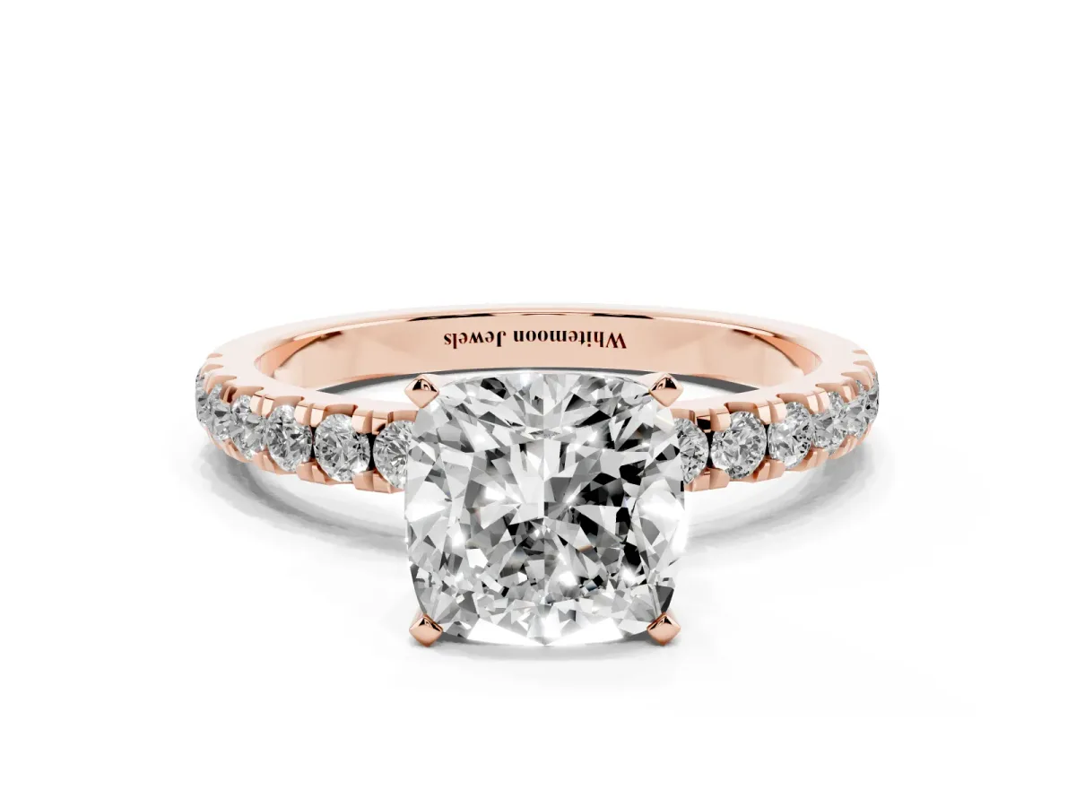 Cushion Cut Diamond Solitaire Ring with Pavé Accents and Four-Prong Setting Rose gold