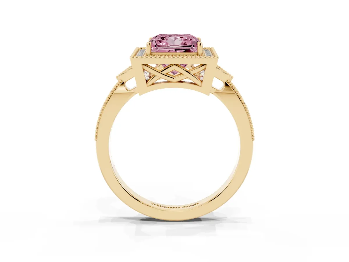 Fancy Pink Princess Cut Halo Round Diamond Milgrain Pave Engagement Ring Yellow gold
