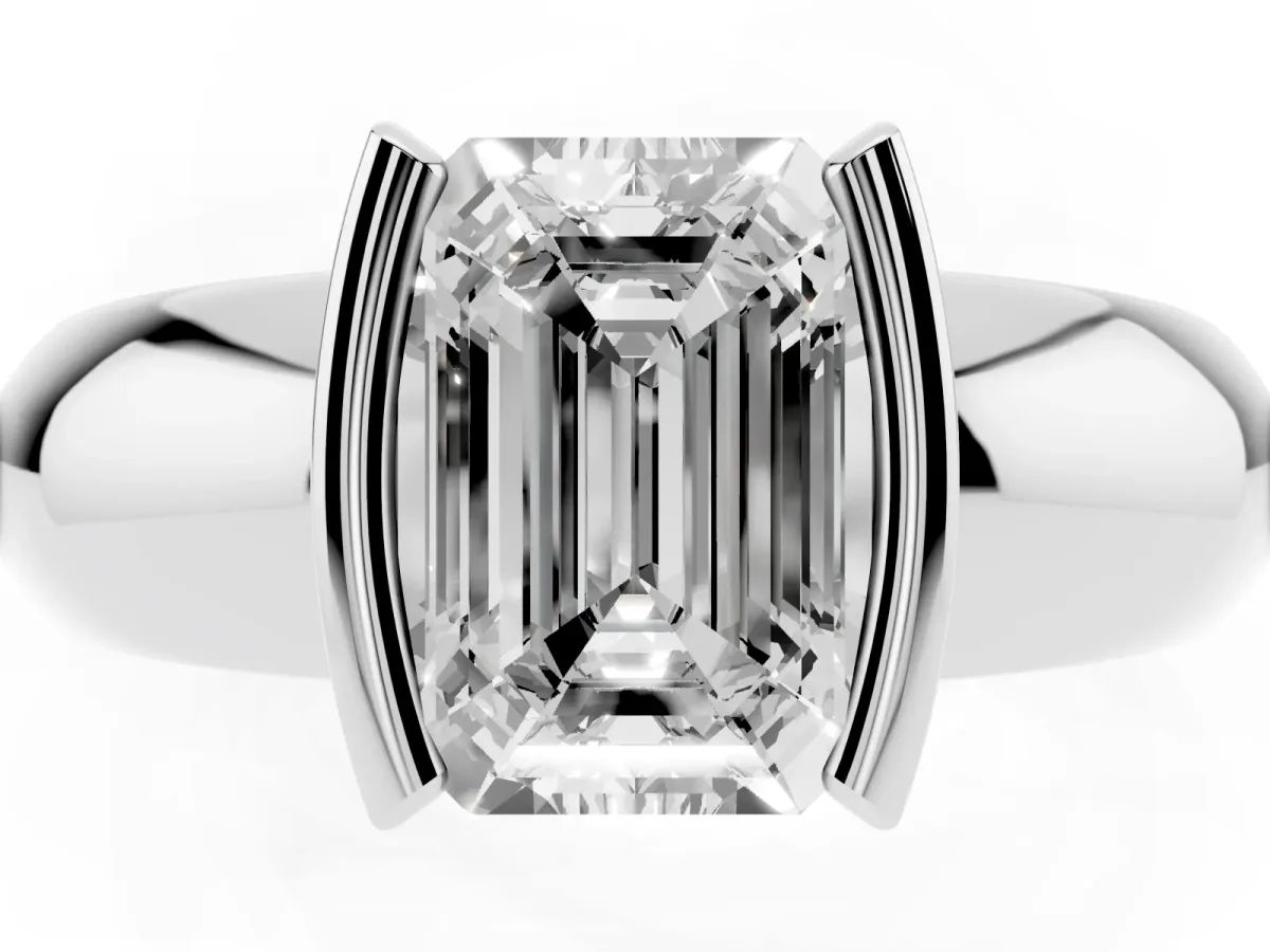 Emerald Cut Solitaire Tension Set Diamond Ring with Wide Band Silver