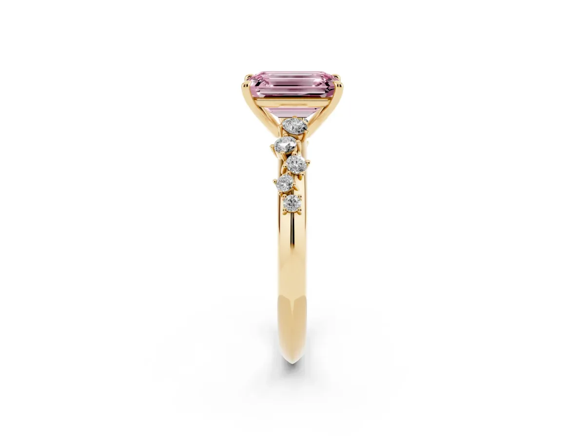 Fancy Pink Emerald Cut Diamond Cluster Side Stone Solitaire Ring with Prong Setting Yellow gold