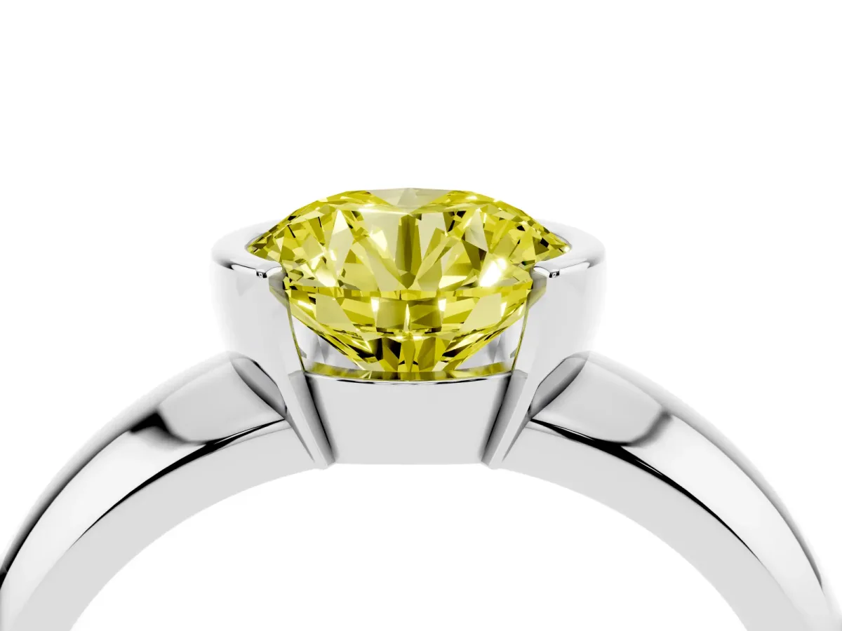 Fancy Yellow Round Cut Solitaire Tension Set Diamond Ring with Wide Band Platinum