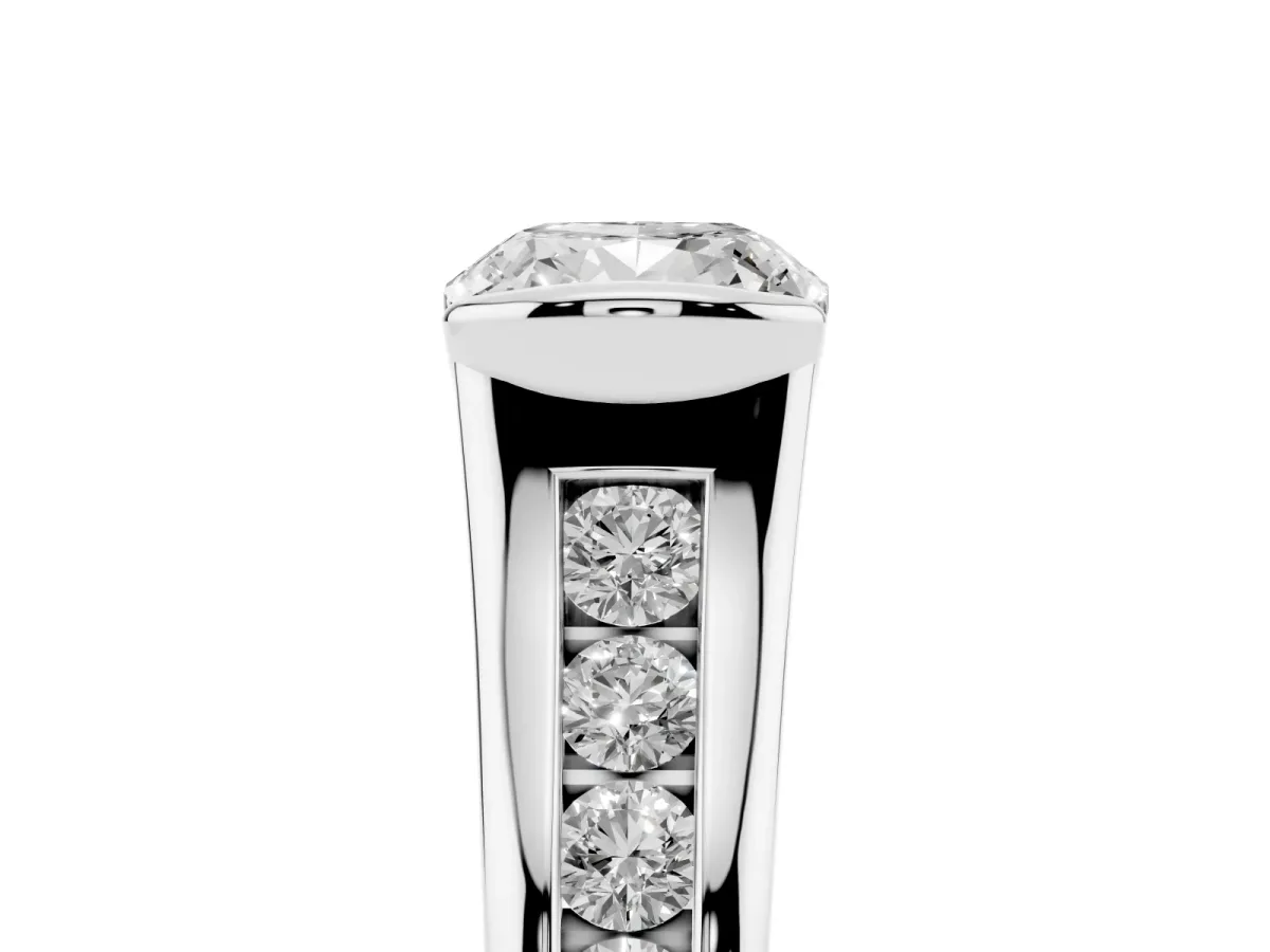 Cushion Cut Solitaire Bezel-Set Diamond Ring with Channel-Set Band Silver