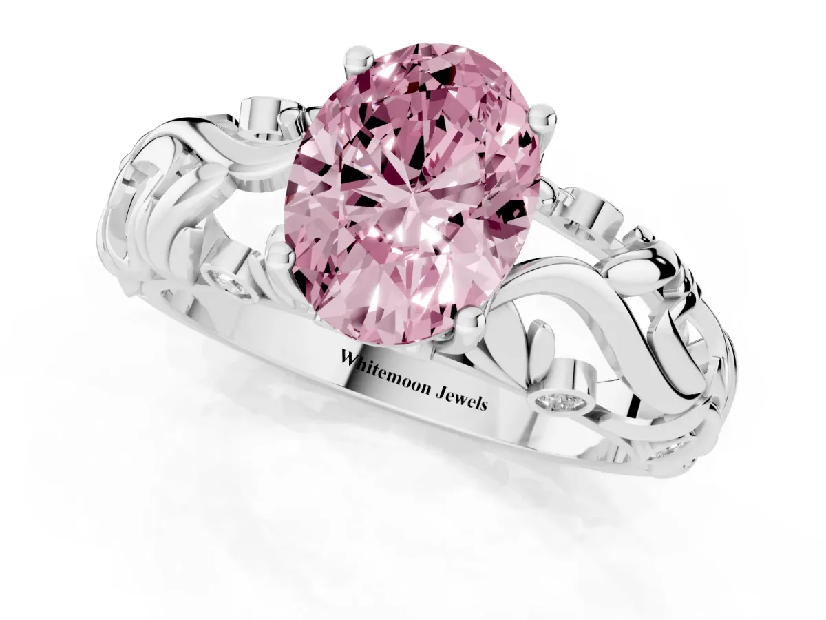Fancy Pink Oval Cut Solitaire Diamond Leaf-Inspired Vine Band Ring with Prong Setting Silver