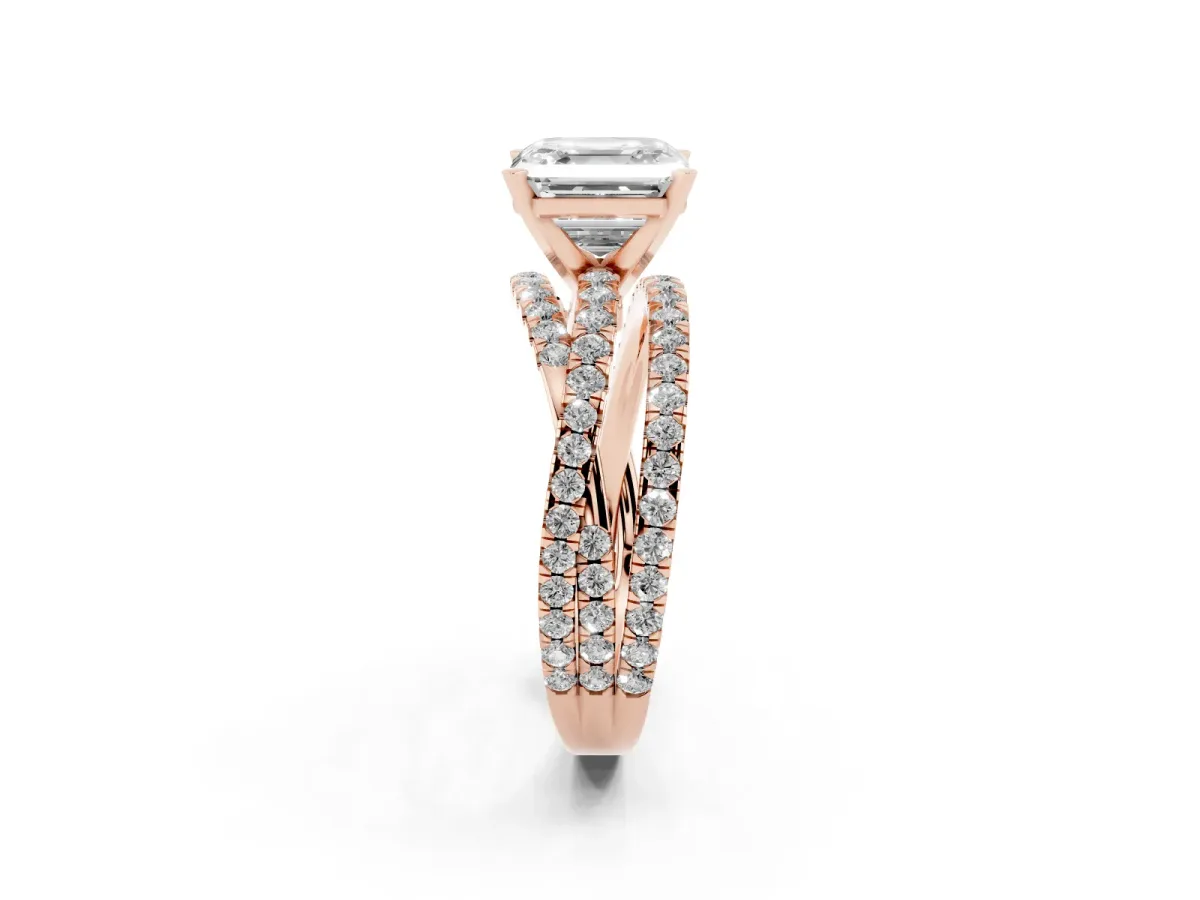 Asscher Cut Solitaire Twist Band with Pavé Setting and Four-Prong Setting Rose gold