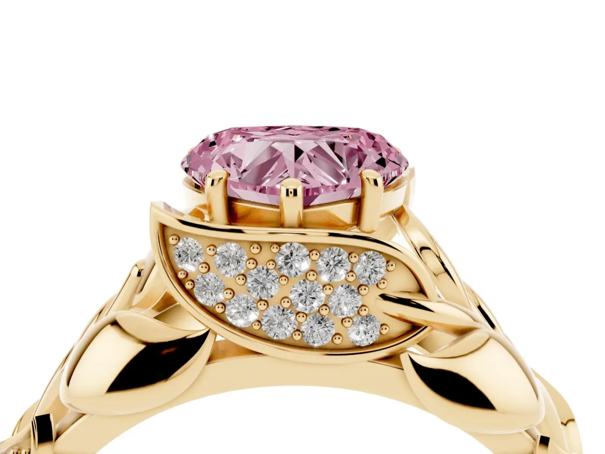 Fancy Pink Heart Cut Diamond Leaf-Inspired Engagement Ring with Round Accents and Prong Setting Yellow gold