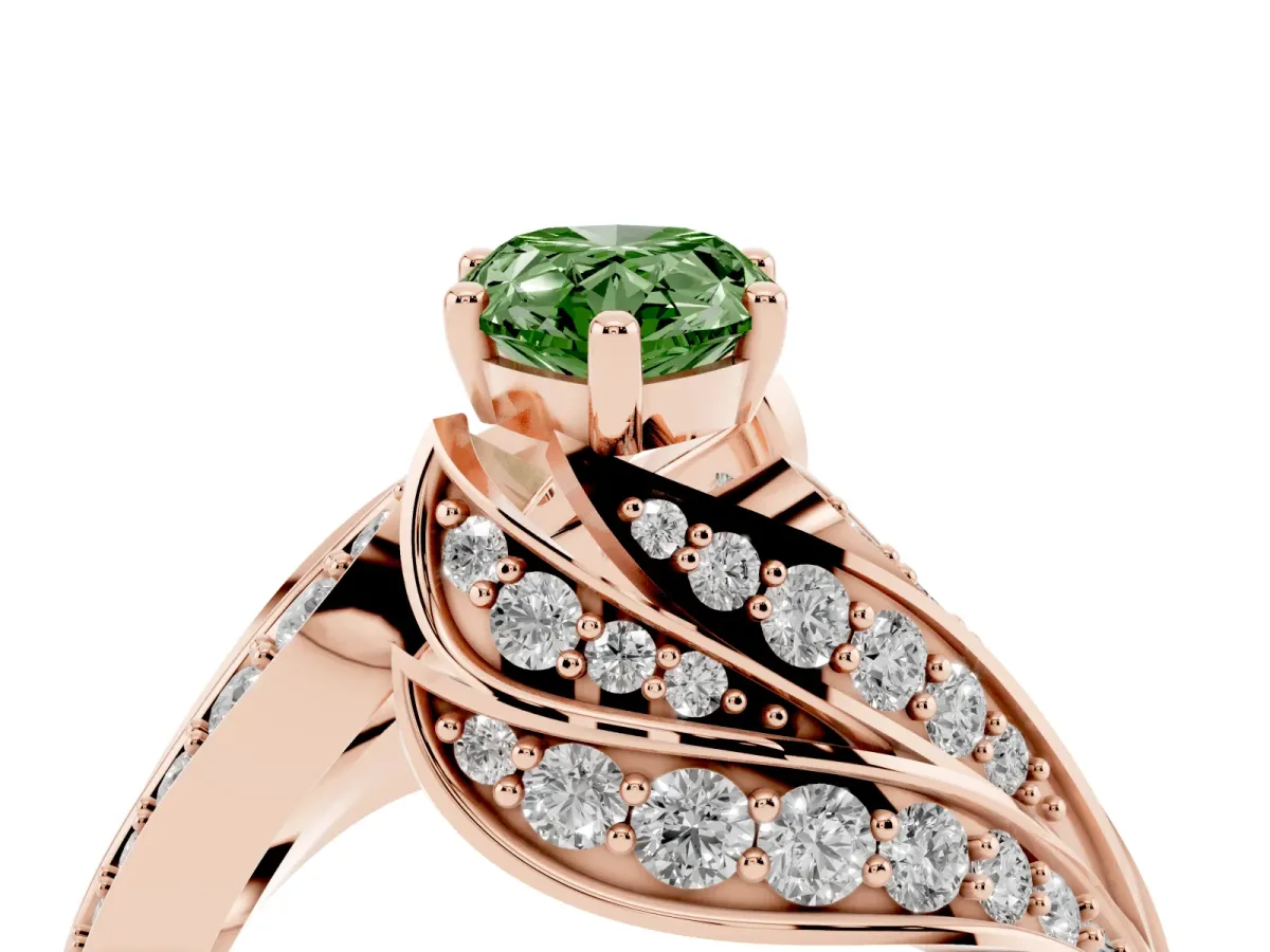 Fancy Green Pear Cut Diamond Solitaire Ring with Prong Setting and Twisted Pavé Band Rose gold