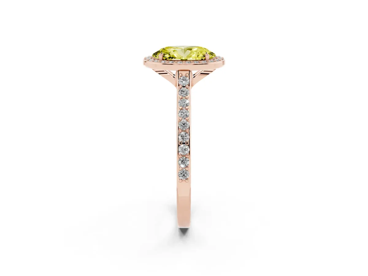 Fancy Yellow Oval Cut Diamond Halo Engagement Ring with Round Pavé Shoulders and Prong Setting Rose gold