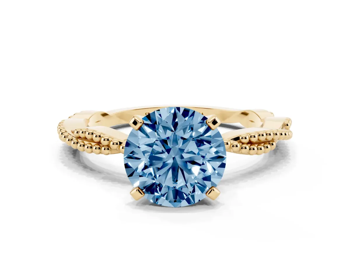 Fancy Blue Round Cut Solitaire Twisted Band with Bead Prong Setting Yellow gold
