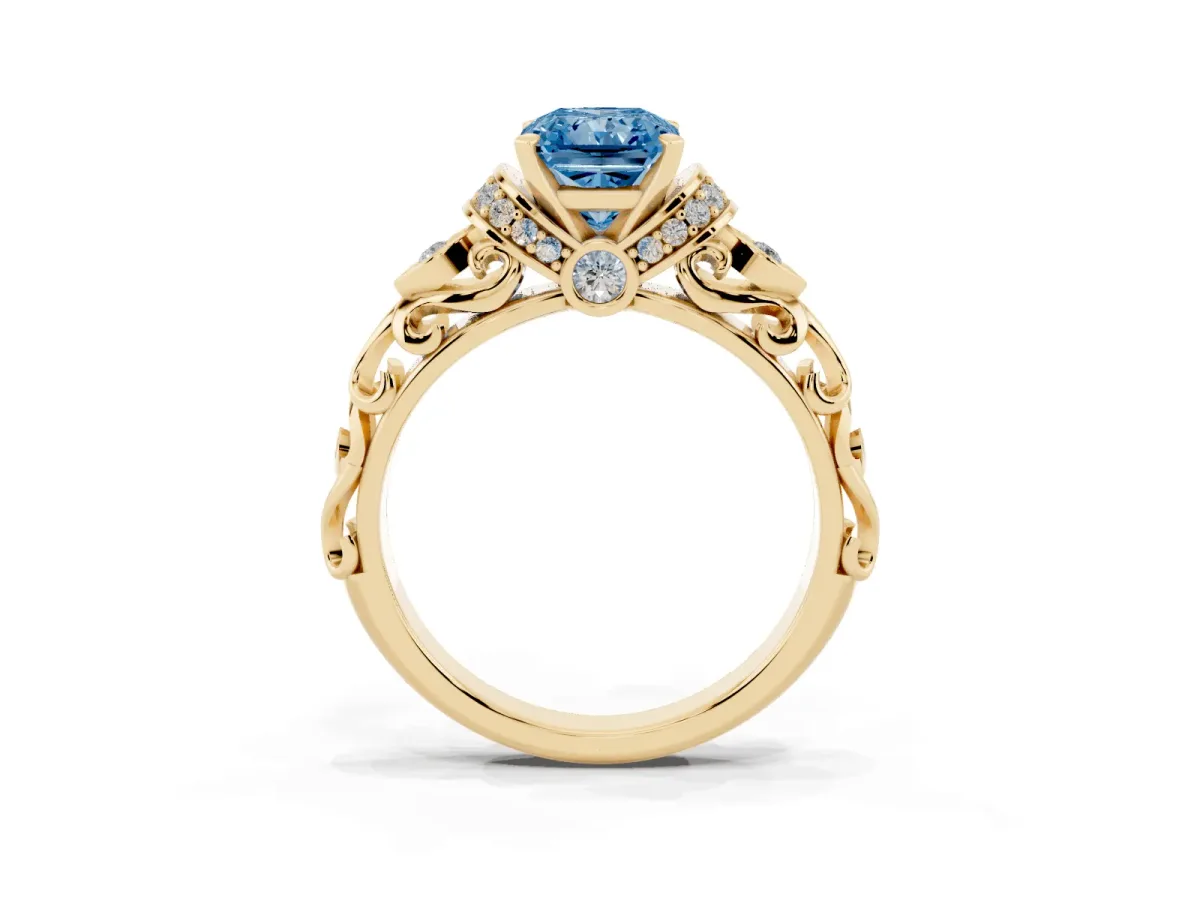 Fancy Blue Radiant Cut Diamond Solitaire Ring with Filigree Band and Four-Prong Setting Yellow gold