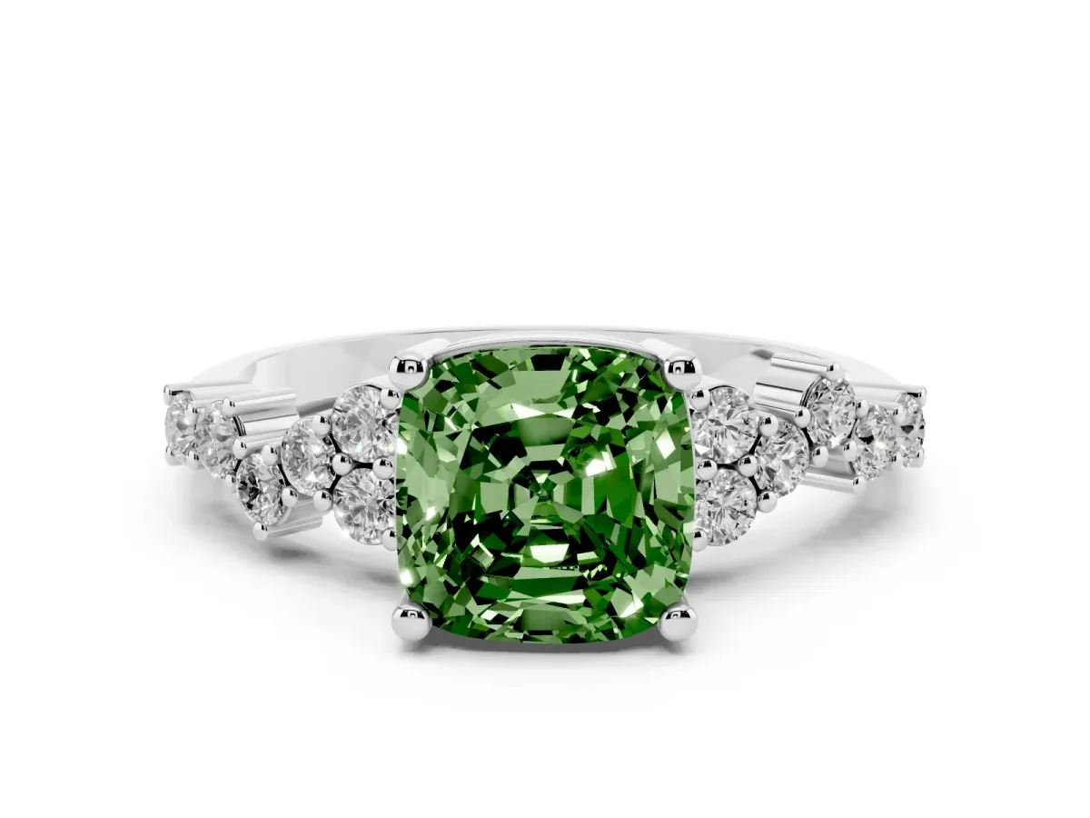 Fancy Green Cushion Cut Diamond Scattered Round Accent Ring with Prong Setting White gold