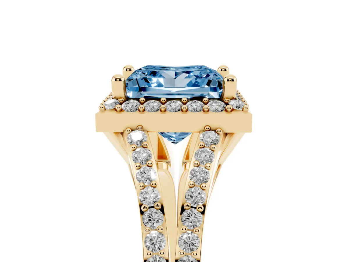 Fancy Blue Princess Cut Halo Split Shank Diamond Ring with Prong Setting Yellow gold