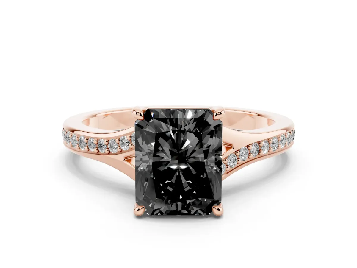 Fancy Black Radiant Cut Diamond Solitaire Ring with Pavé Band and Prong Setting Rose gold