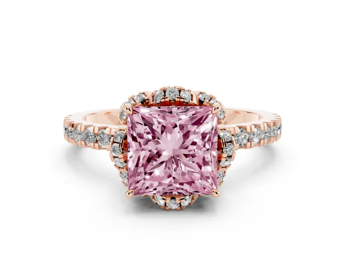Fancy Pink Princess Cut Halo Diamond Pave Band Ring with Four-Prong Setting Rose gold