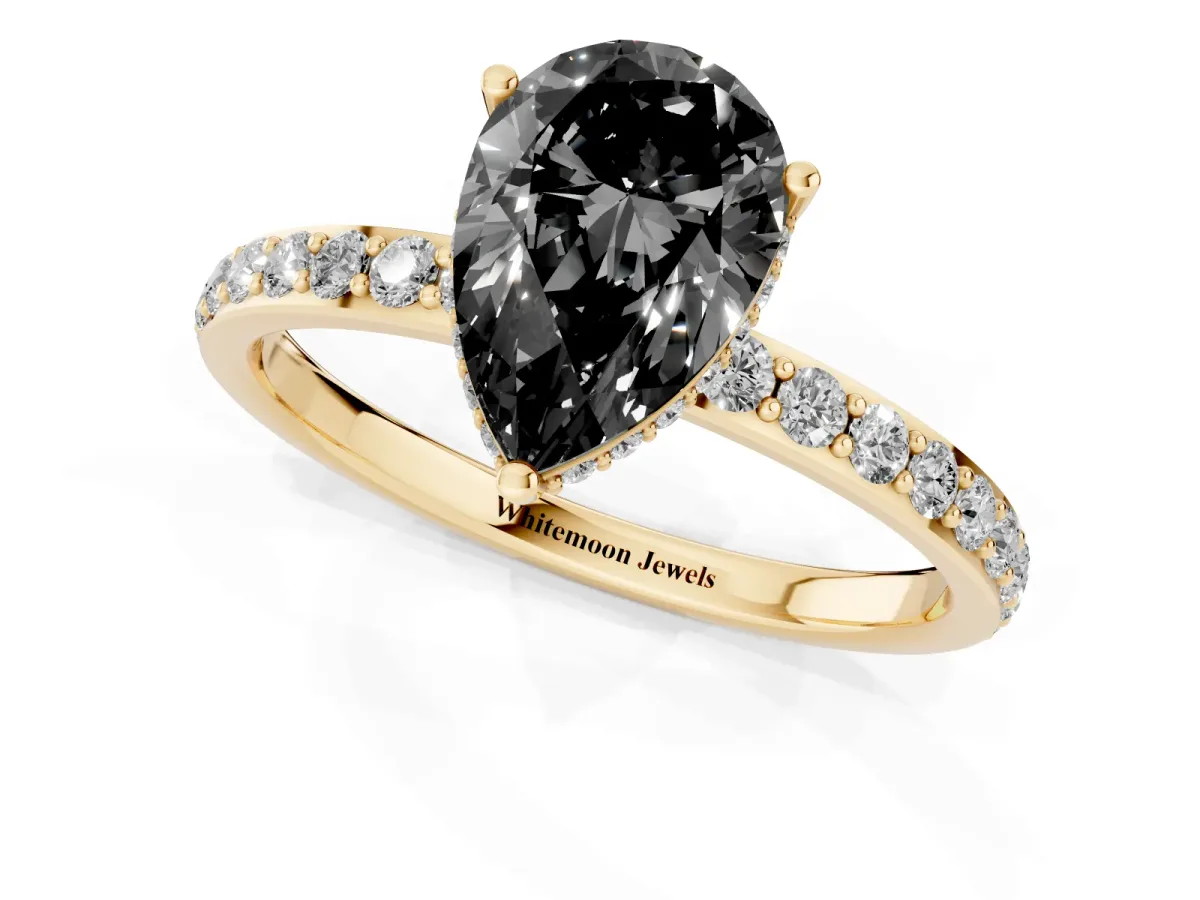 Fancy Black Pear Cut Diamond Solitaire Ring with Pavé Band and Hidden Halo Yellow gold