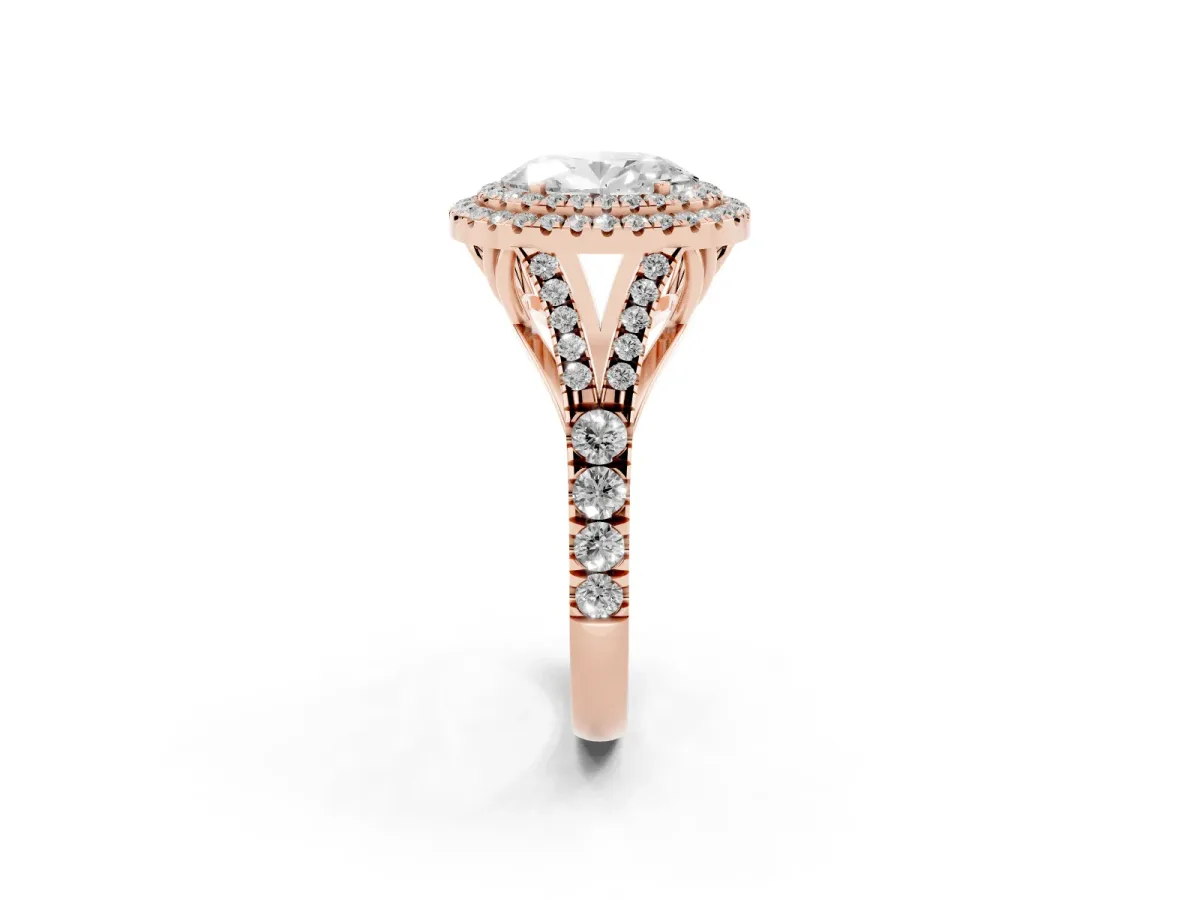 Oval Cut Cut Double Halo Split Shank Diamond Ring with Prong Setting Rose gold